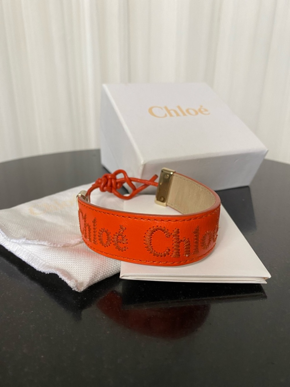 Chloé Orange Embroidered Leather Ajustable Bracelet Gold Hardware